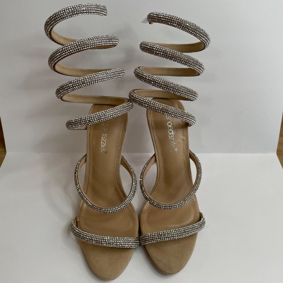 Shoedazzle Womens Open Toe Silver and Nude Heels Size 8.5 Jewel Sparkle Stringy - Picture 3 of 14